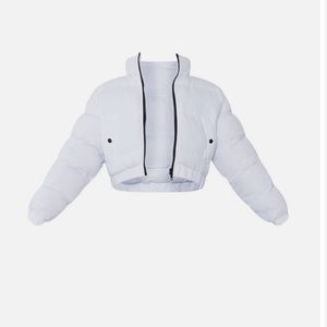 White Reflective Cropped Elastic Hem Bubble Puffer Jacket S New